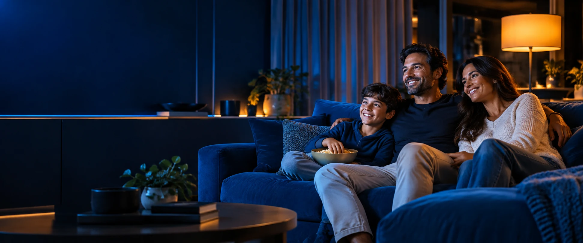Família reunida no sofá aproveitando uma sessão de televisão