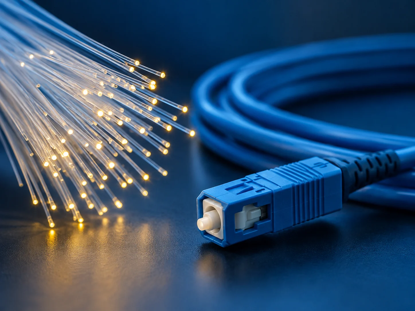 Imagem ilustrativa de filamentos de fibra óptica e um conector azul